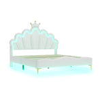 Flat Double Bed 140x200cm Crown-Shaped PU Leather Adjustable LED - White