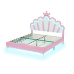 Flat Double Bed 140x200cm Crown-Shaped LED PU Leather - Pink