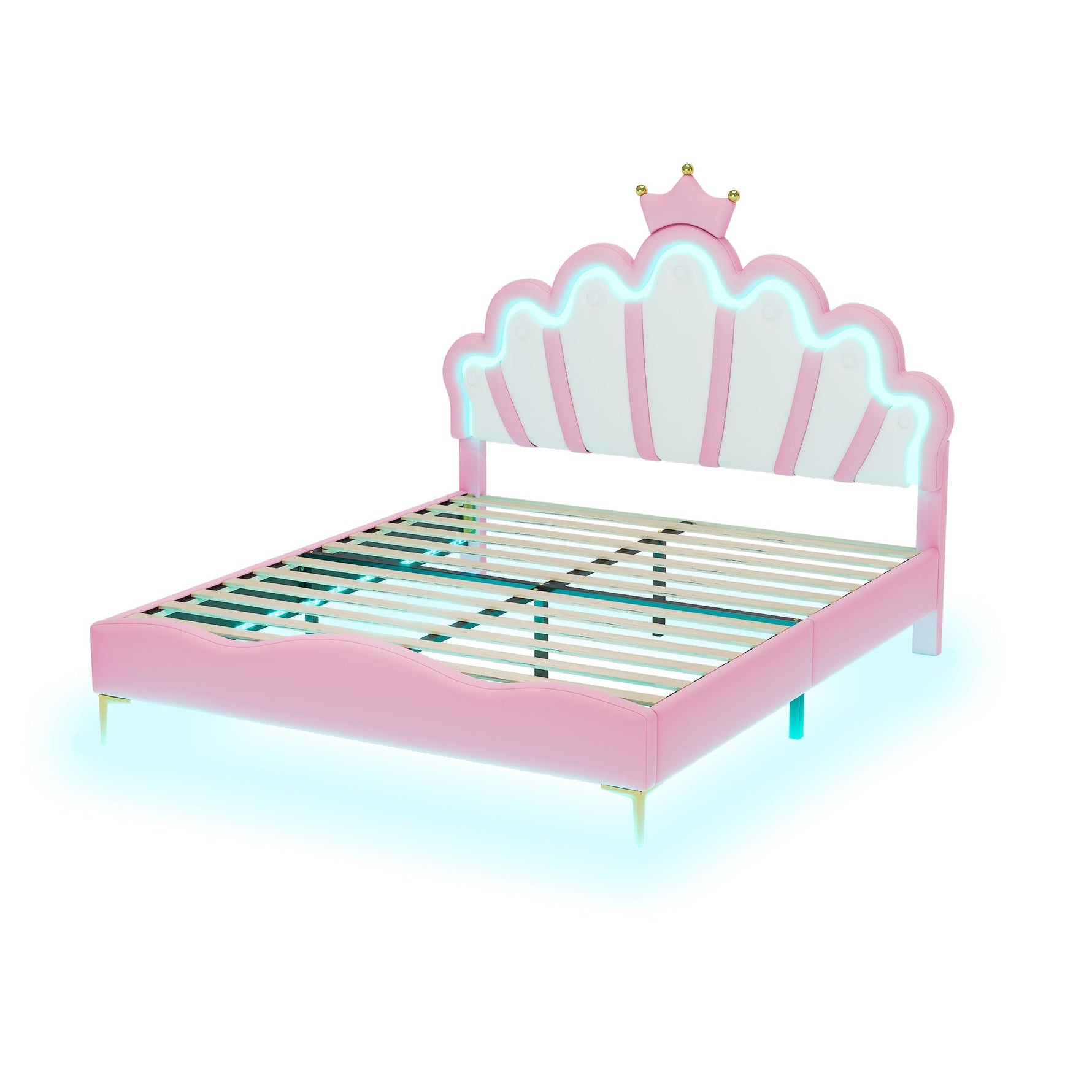 Flat Double Bed 140x200cm Crown-Shaped LED PU Leather - Pink