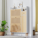 Wooden Shoe Cabinet, Narrow Entryway Storage 3 Tilting Doors 1 Drawer Solid Wood Rattan