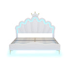 Flat Double Bed 140x200cm Crown-Shaped PU Leather Adjustable LED - White