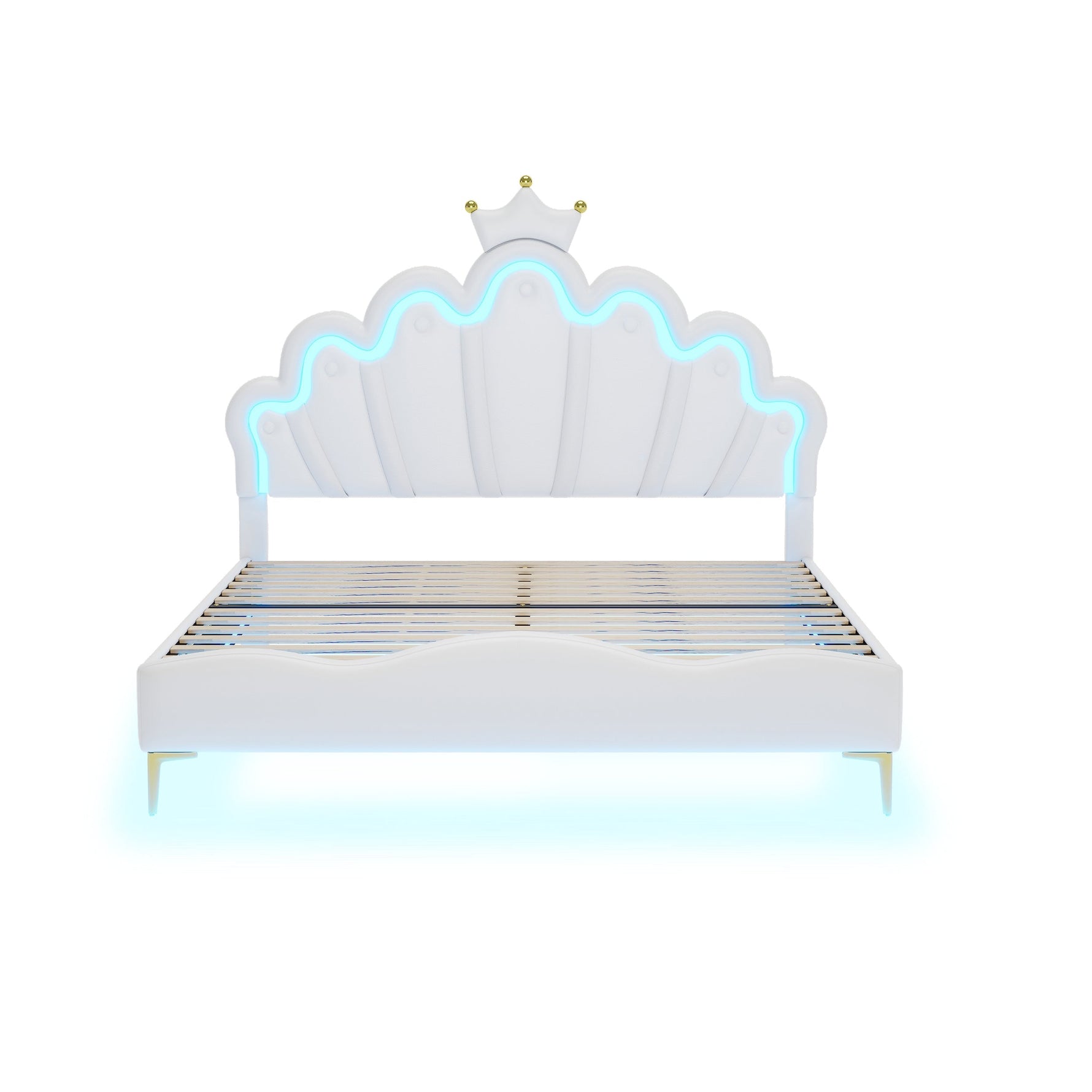 Flat Double Bed 140x200cm Crown-Shaped PU Leather Adjustable LED - White
