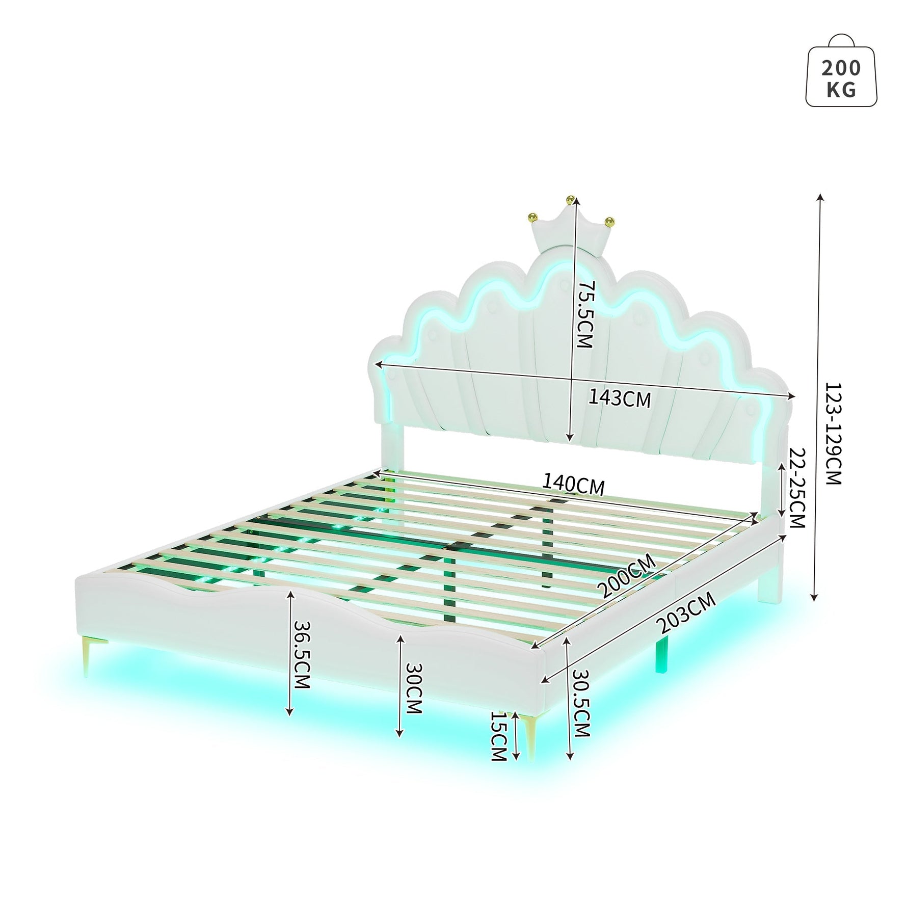 Flat Double Bed 140x200cm Crown-Shaped PU Leather Adjustable LED - White