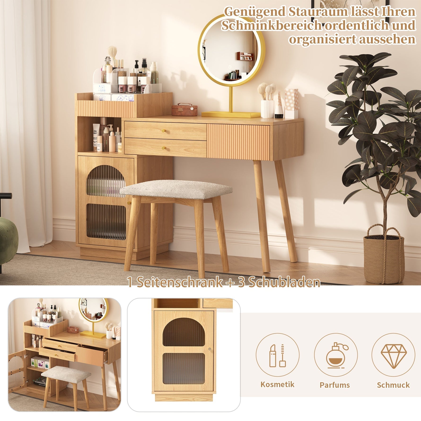 Dressing table set, cosmetic table with LED mirror and 3-color lighting, wooden