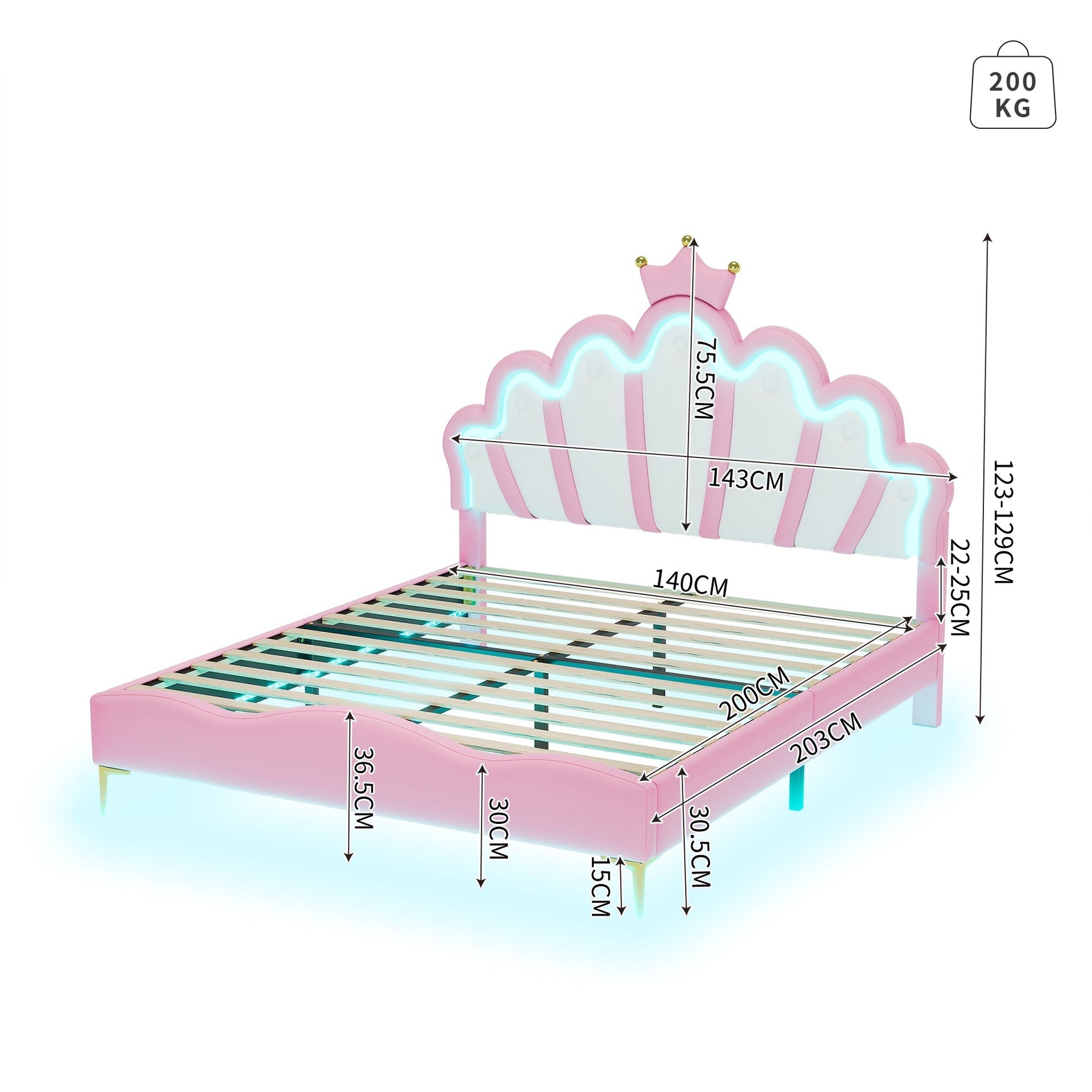 Flat Double Bed 140x200cm Crown-Shaped LED PU Leather - Pink