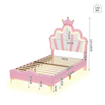 Princess Bed 90x200cm Crown Headboard Upholstered with Adjustable LED Light Pink PU Leather
