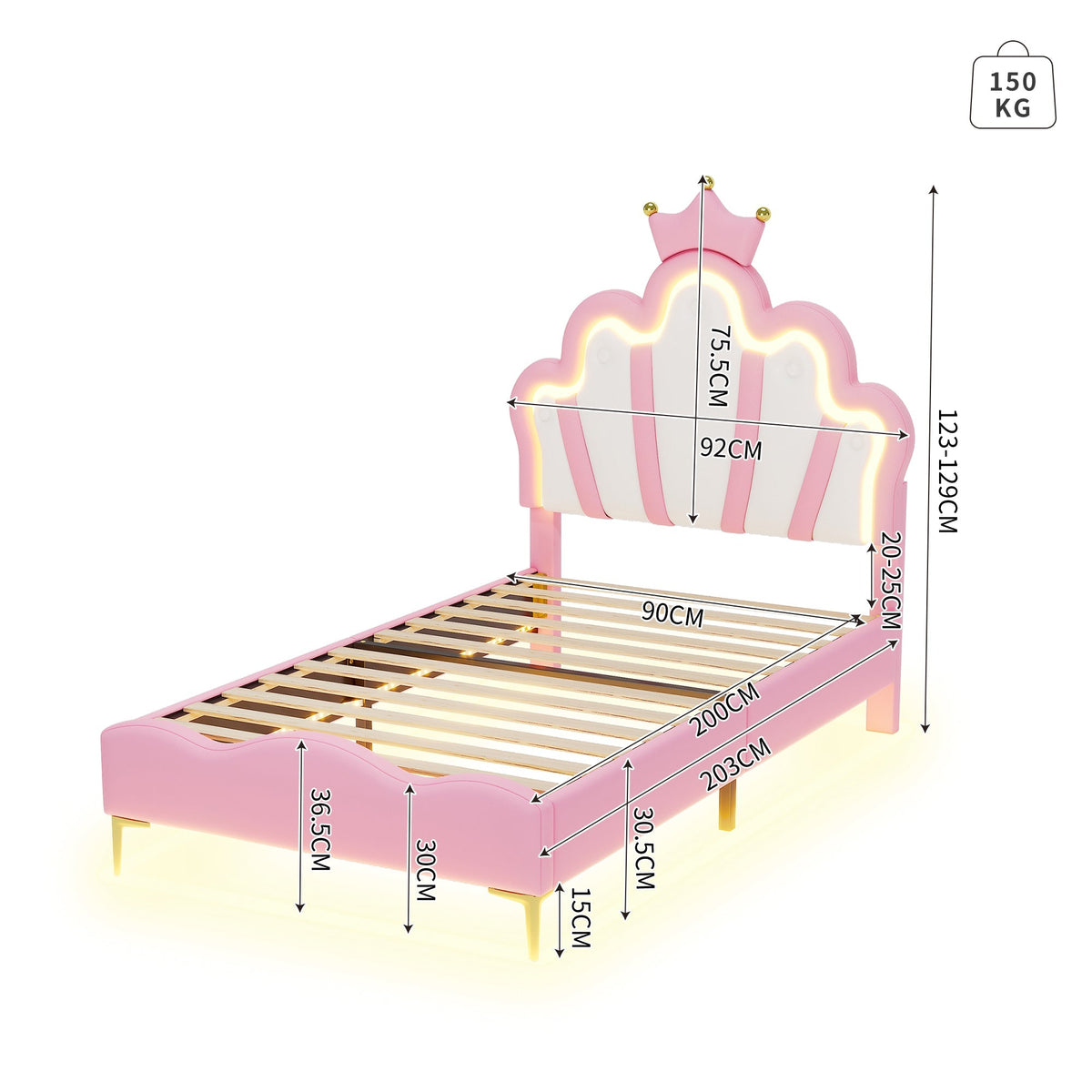 Princess Bed 90x200cm Crown Headboard Upholstered with Adjustable LED Light Pink PU Leather