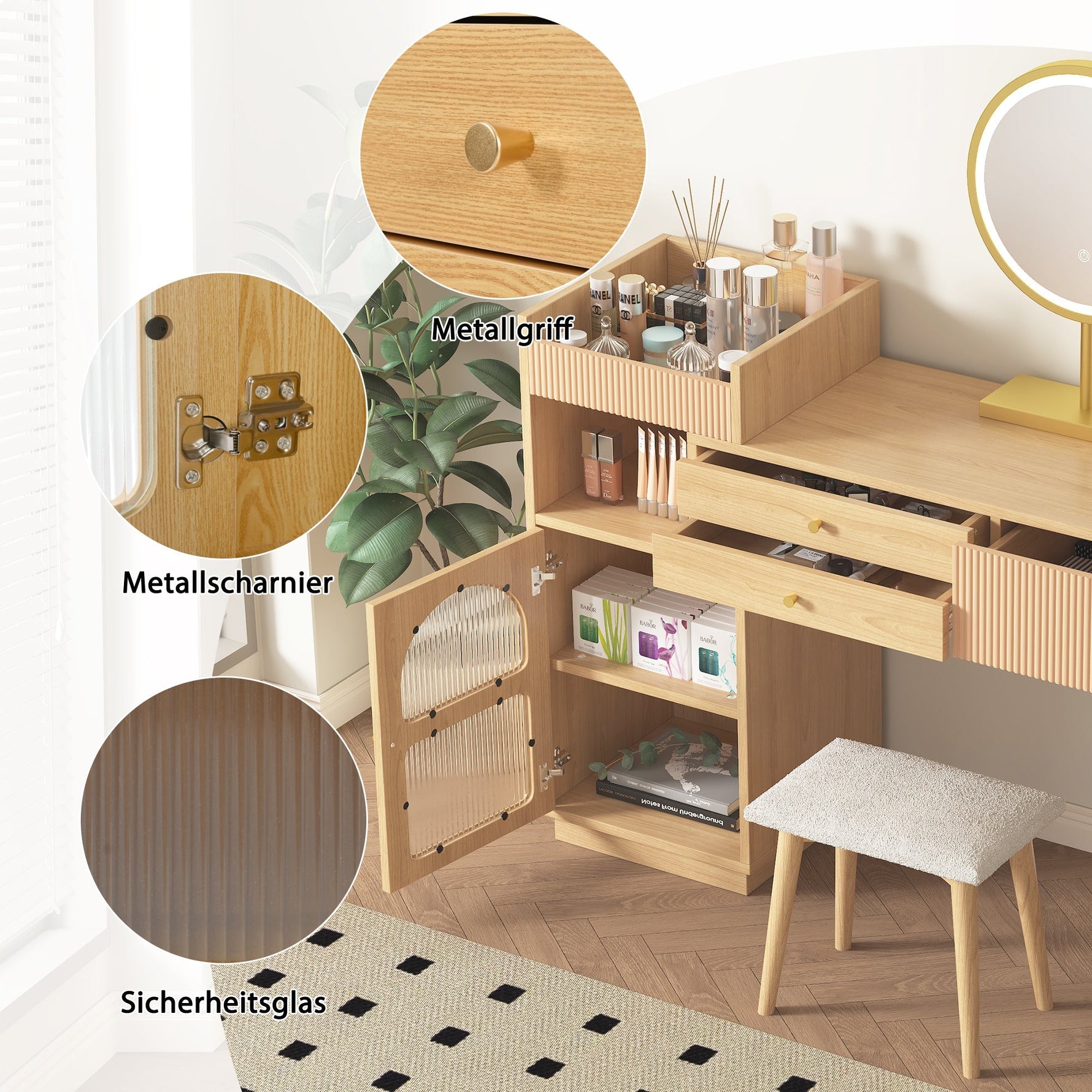 Dressing table set, cosmetic table with LED mirror and 3-color lighting, wooden