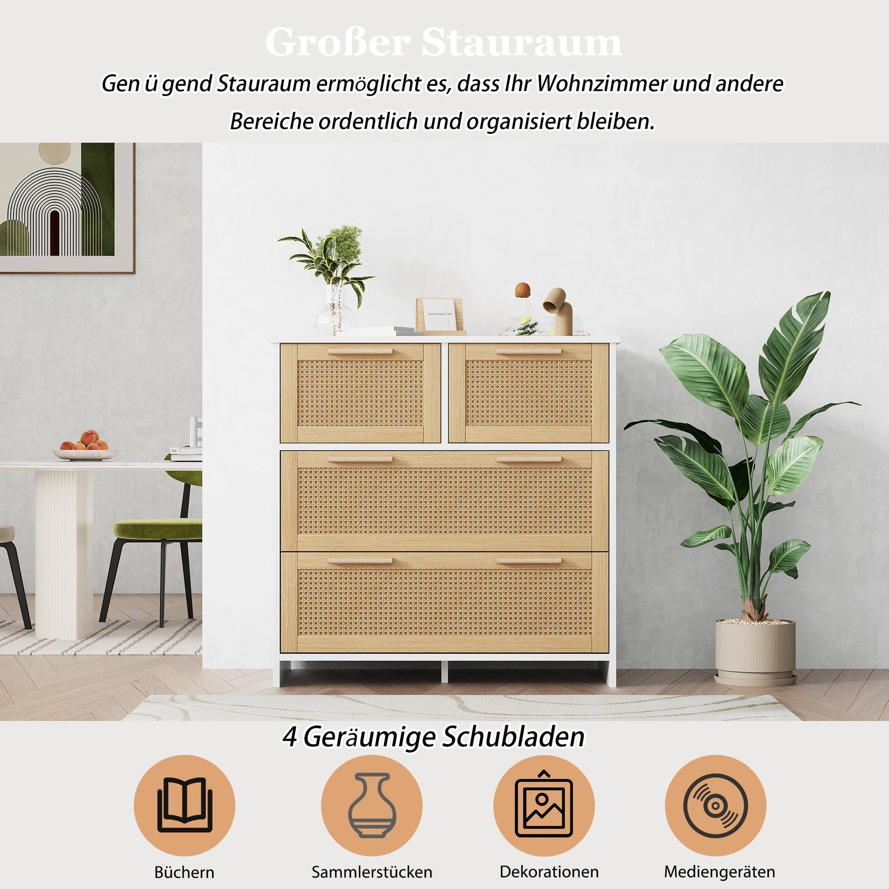 4-drawer rattan cabinet with solid wood handles