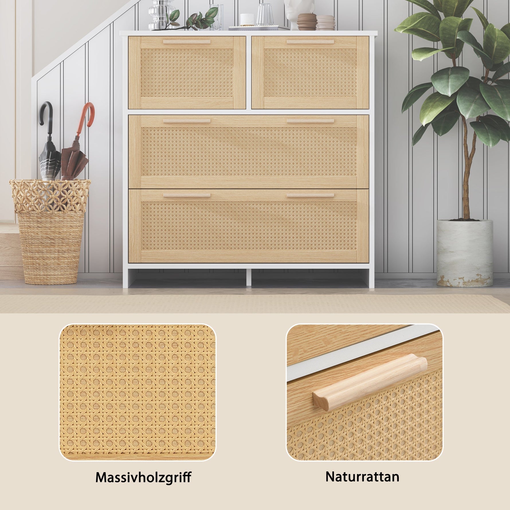 4-drawer rattan cabinet with solid wood handles