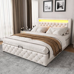 Upholstered Bed 160x200cm Functional Storage Slatted Frame LED Lighting White PU