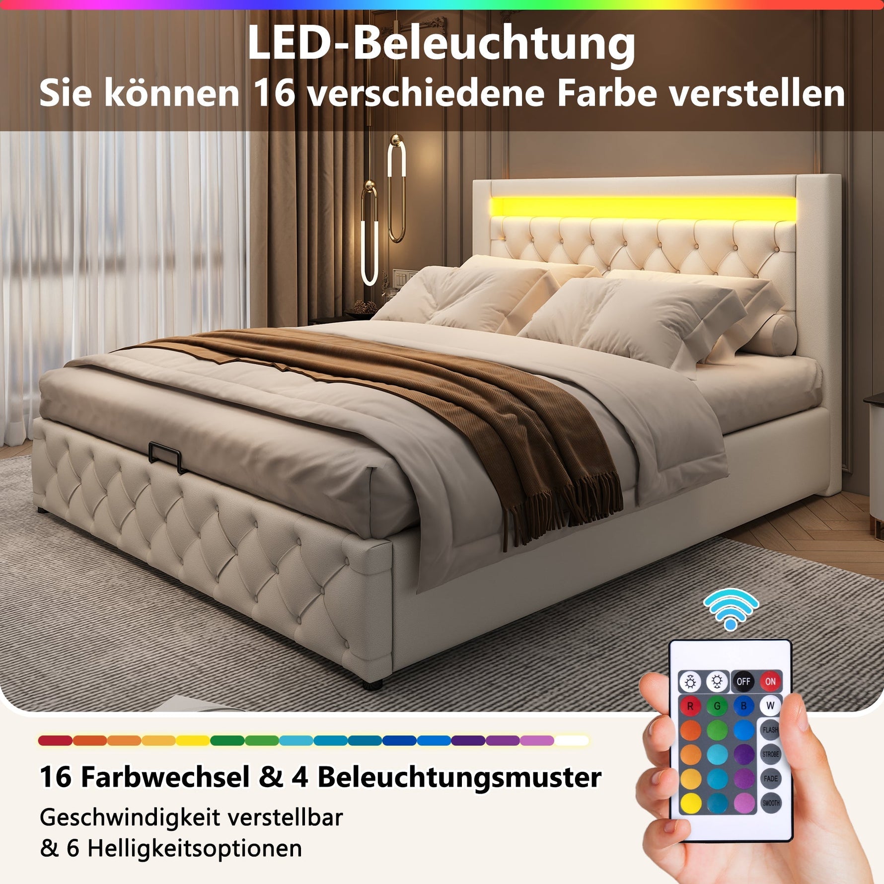 Upholstered Bed 160x200cm Functional Storage Slatted Frame LED Lighting White PU