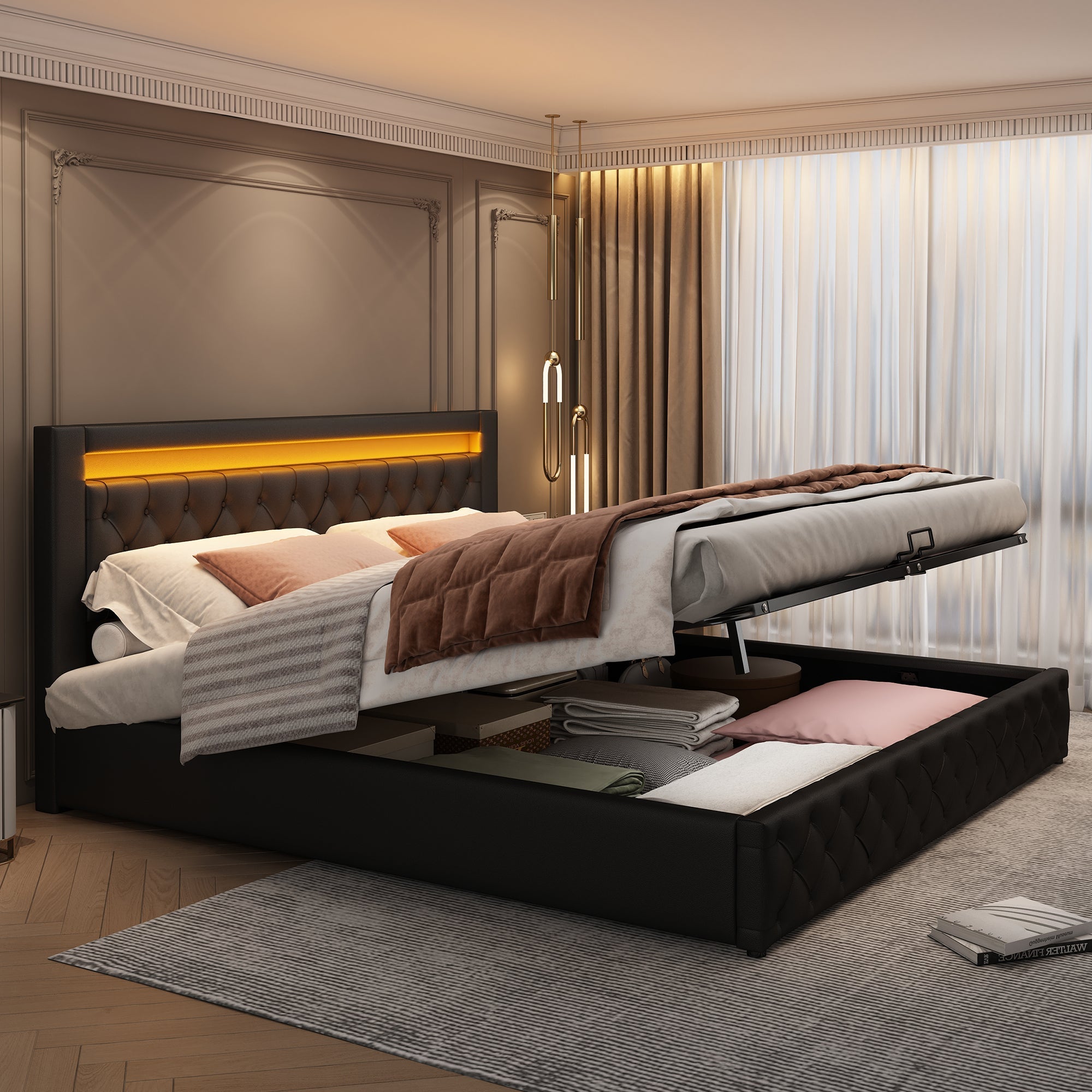Upholstered Bed 160x200cm Storage LED Slatted Frame - Black PU