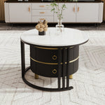 Coffee Table, 2-in-1 Round with Drawers, MDF & White Marble