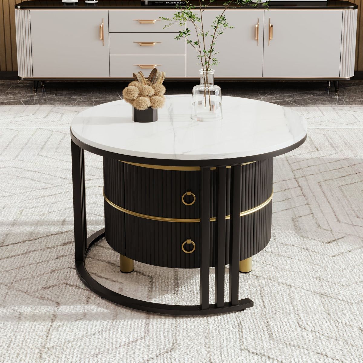 Coffee Table, 2-in-1 Round with Drawers, MDF & White Marble