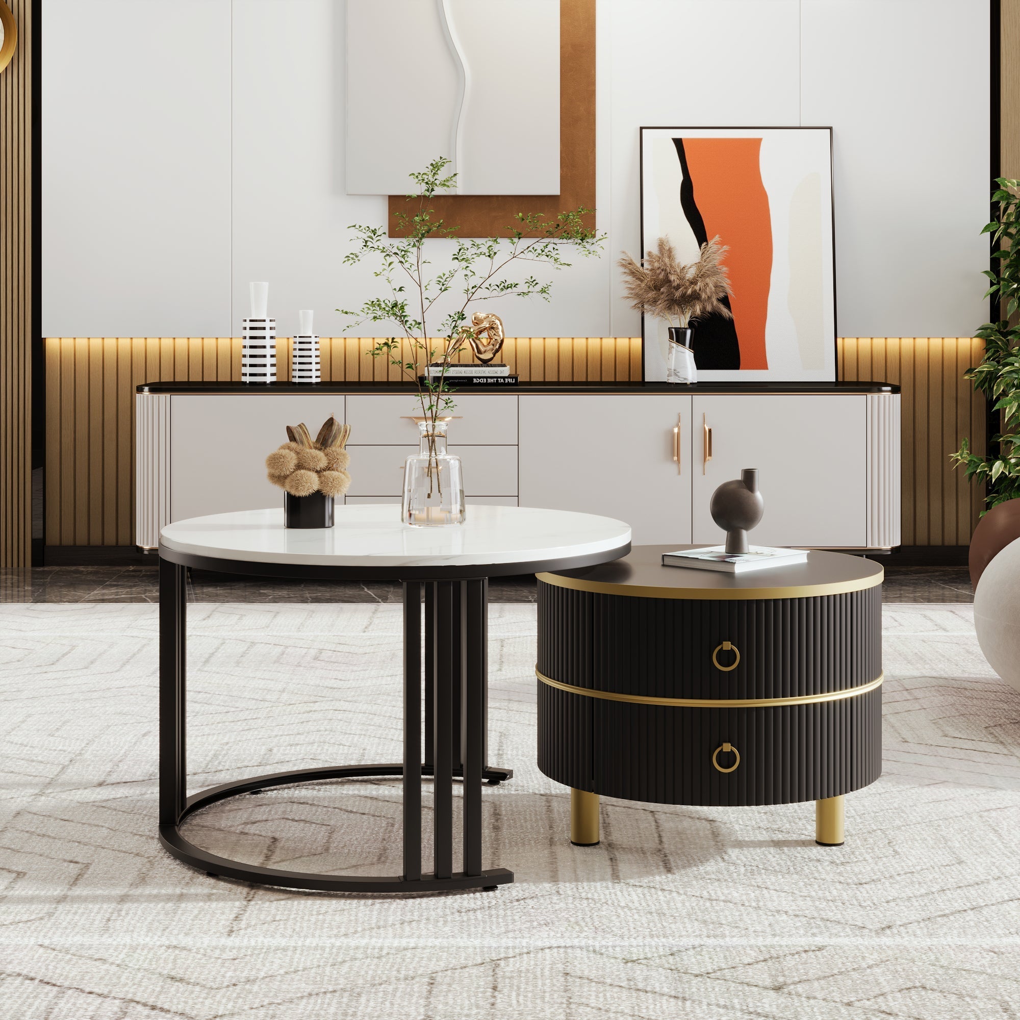 Coffee Table, 2-in-1 Round with Drawers, MDF & White Marble