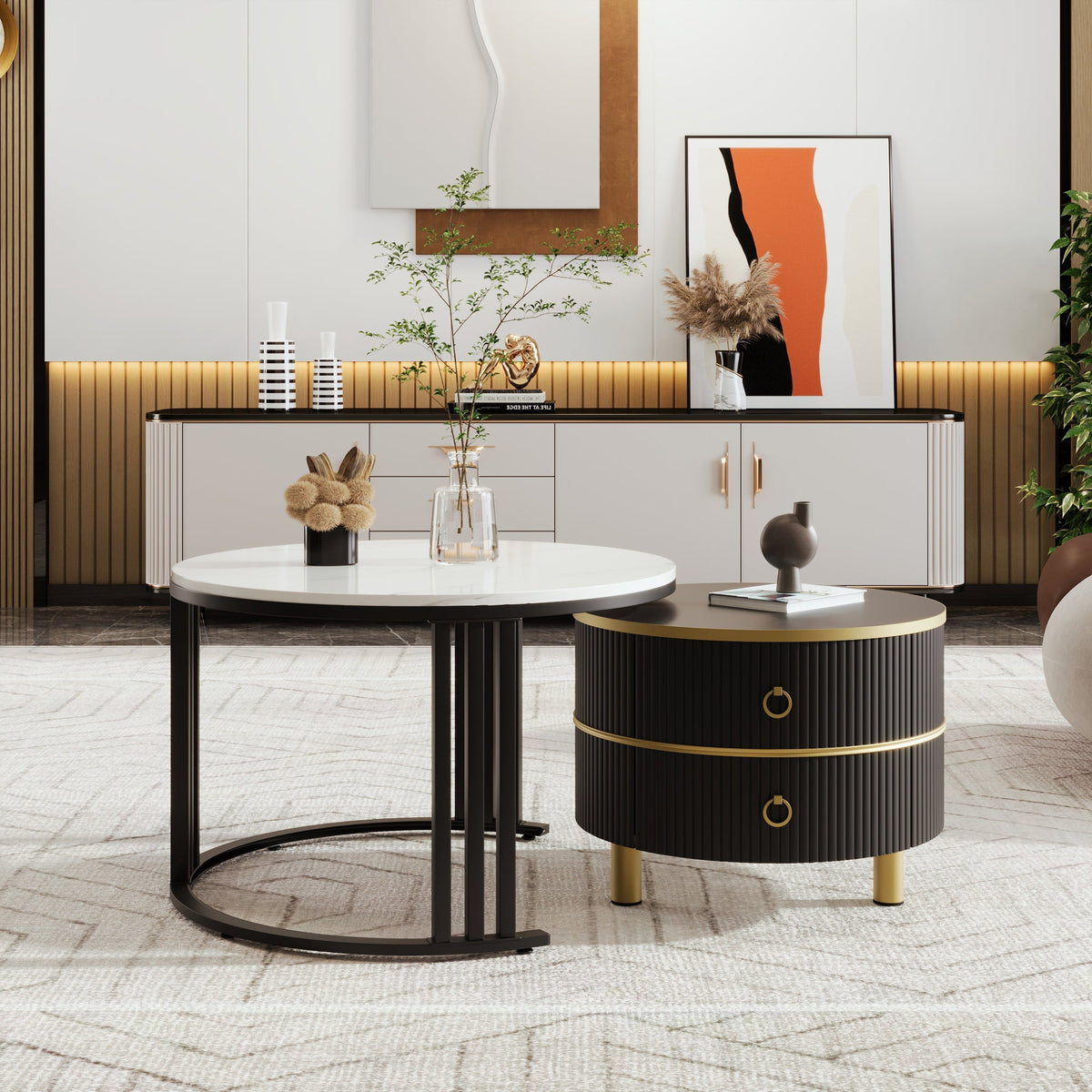 Coffee Table, 2-in-1 Round with Drawers, MDF & White Marble