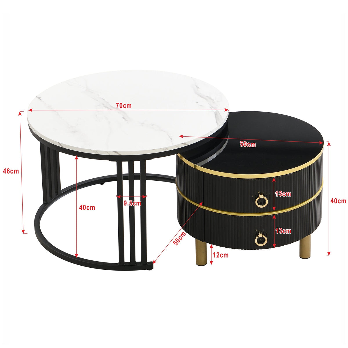 Coffee Table, 2-in-1 Round with Drawers, MDF & White Marble