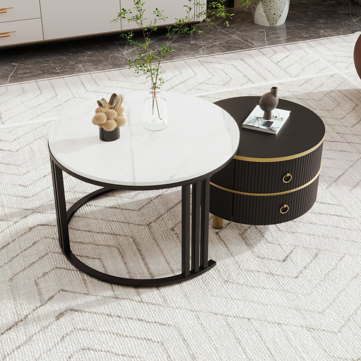 Coffee Table, 2-in-1 Round with Drawers, MDF & White Marble