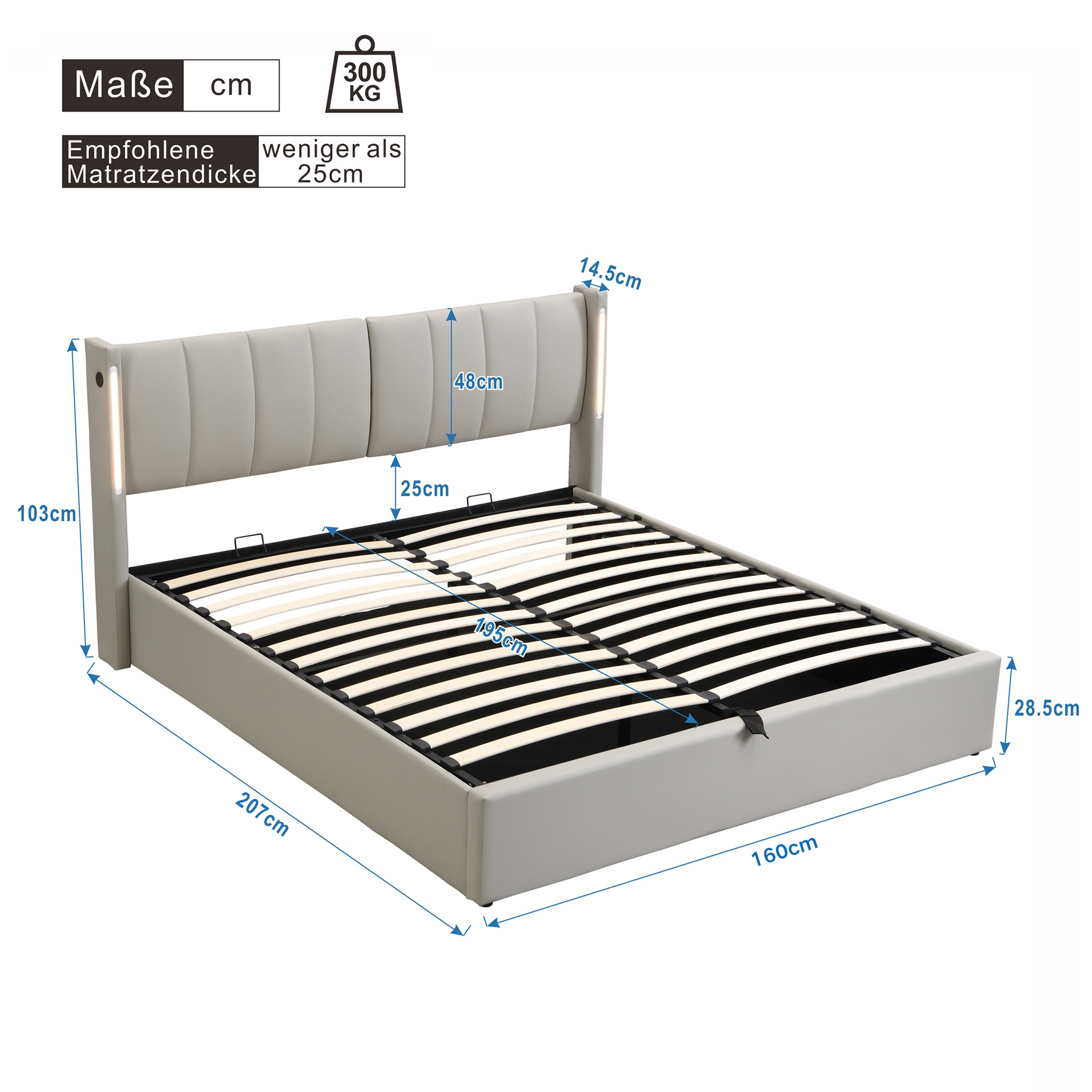 Upholstered Bed 160x200cm Hydraulic Storage LED USB Adjustable Headboard - Grey PU