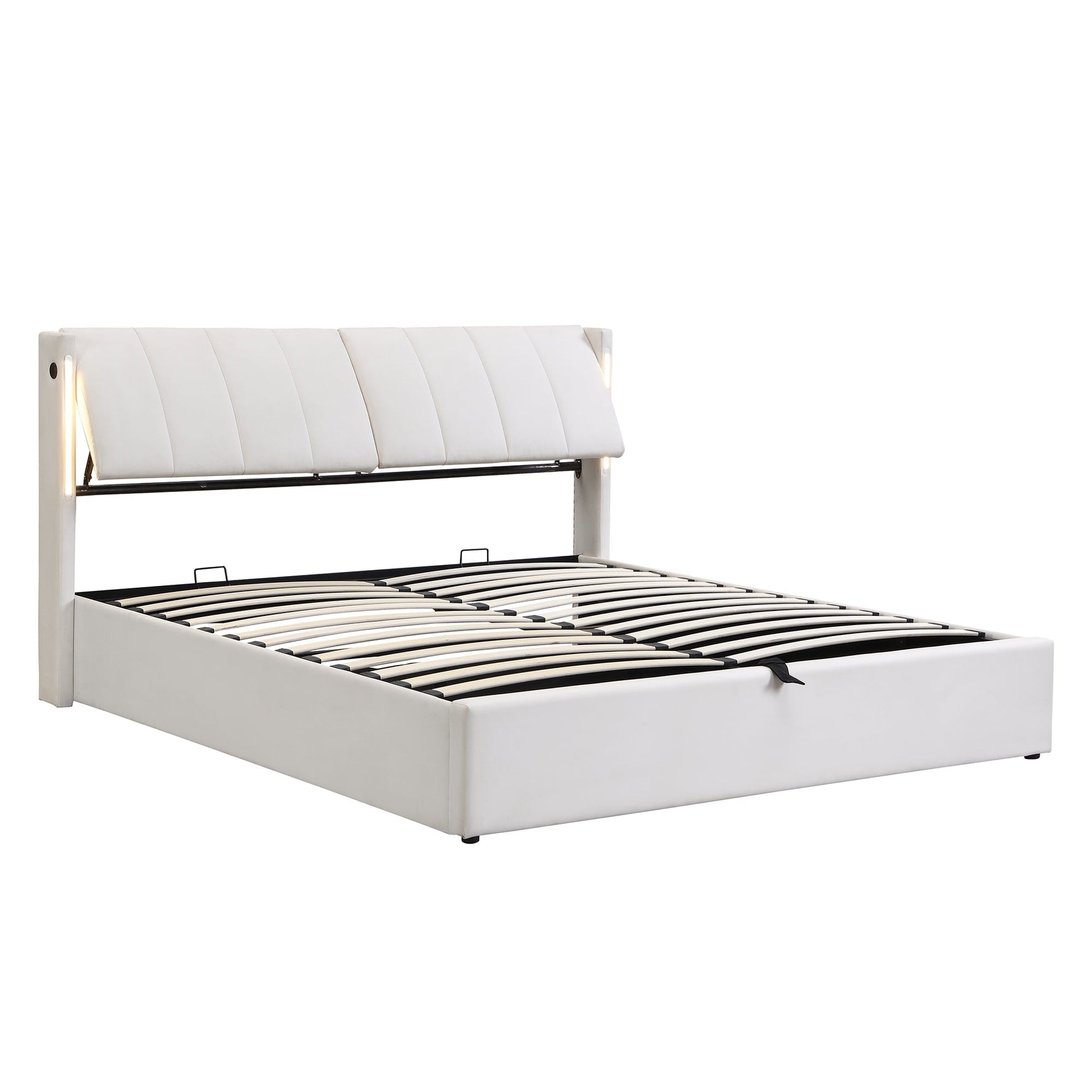 Upholstered Bed 140x190cm Hydraulic Storage Adjustable Headboard LED USB White Faux Leather