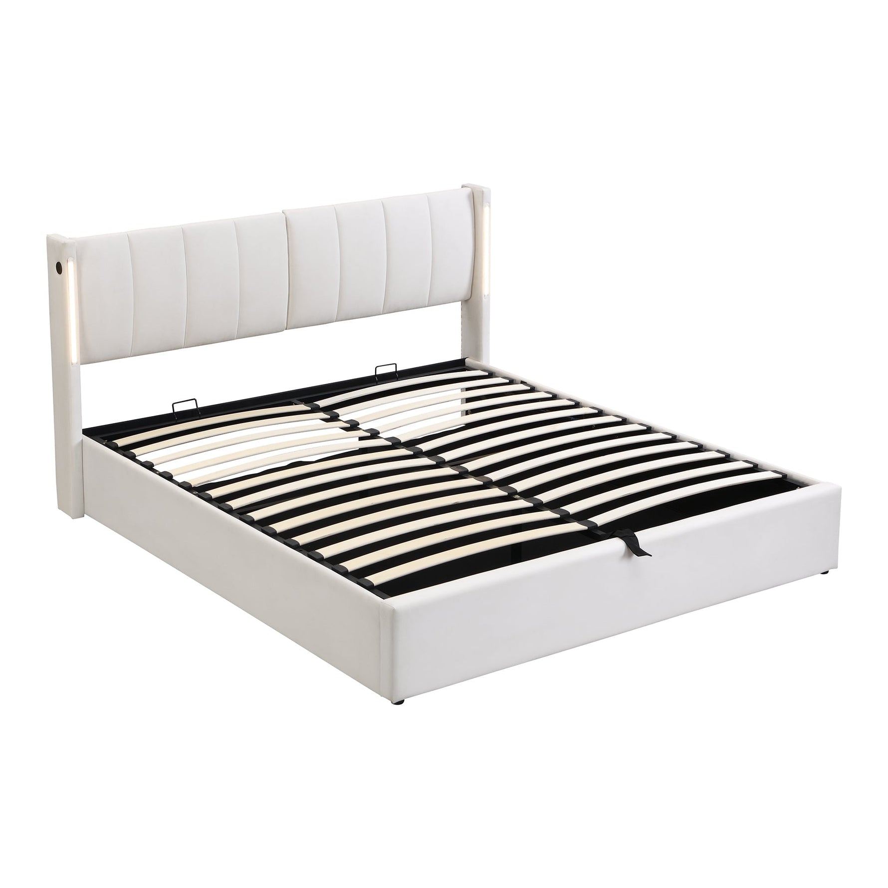 Upholstered Bed 140x190cm Hydraulic Storage Adjustable Headboard LED USB White Faux Leather