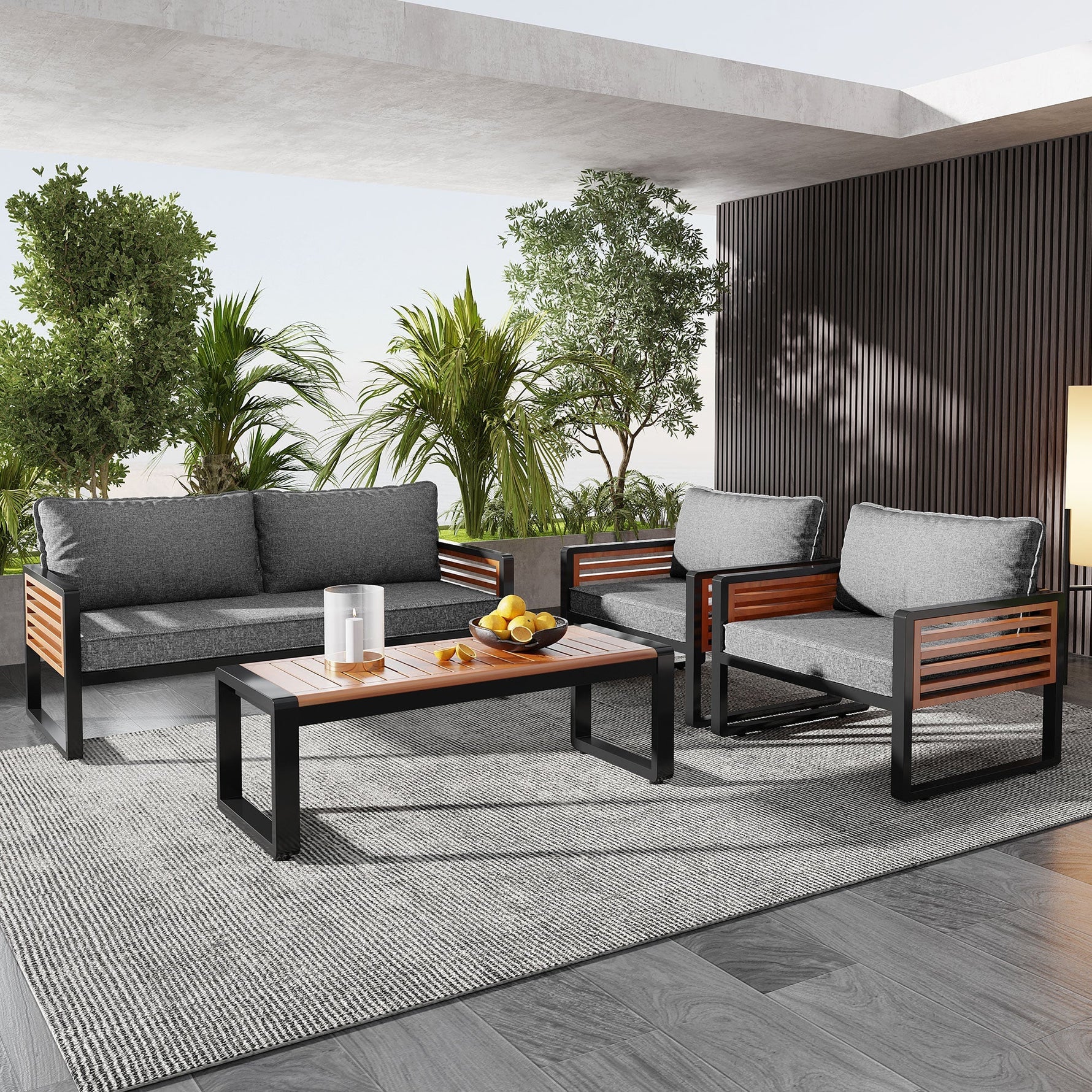 Garden Lounge Set 4-Piece Dining Set Galvanized Iron Frame Decorative Wooden Armrests Grey