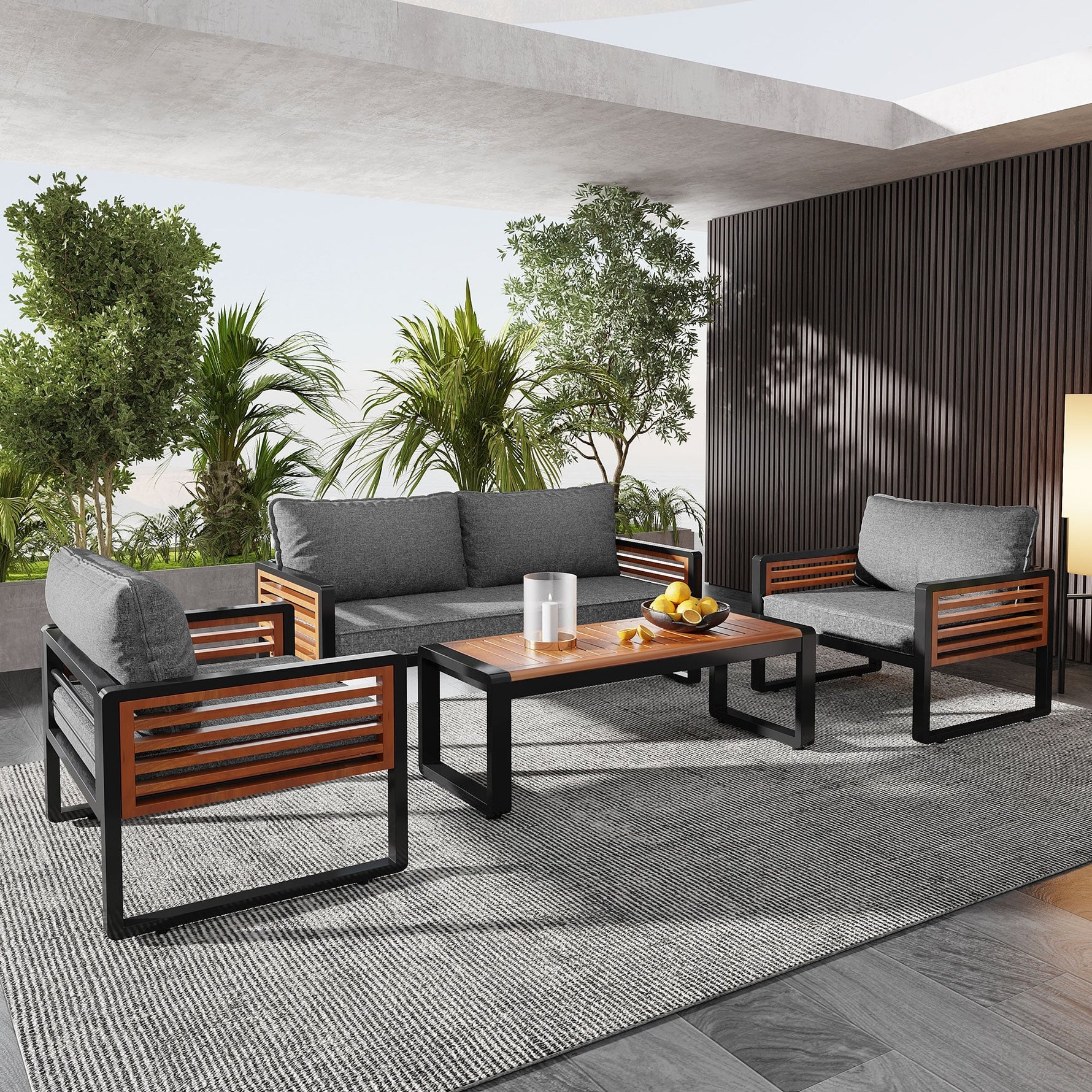 Garden Lounge Set 4-Piece Dining Set Galvanized Iron Frame Decorative Wooden Armrests Grey