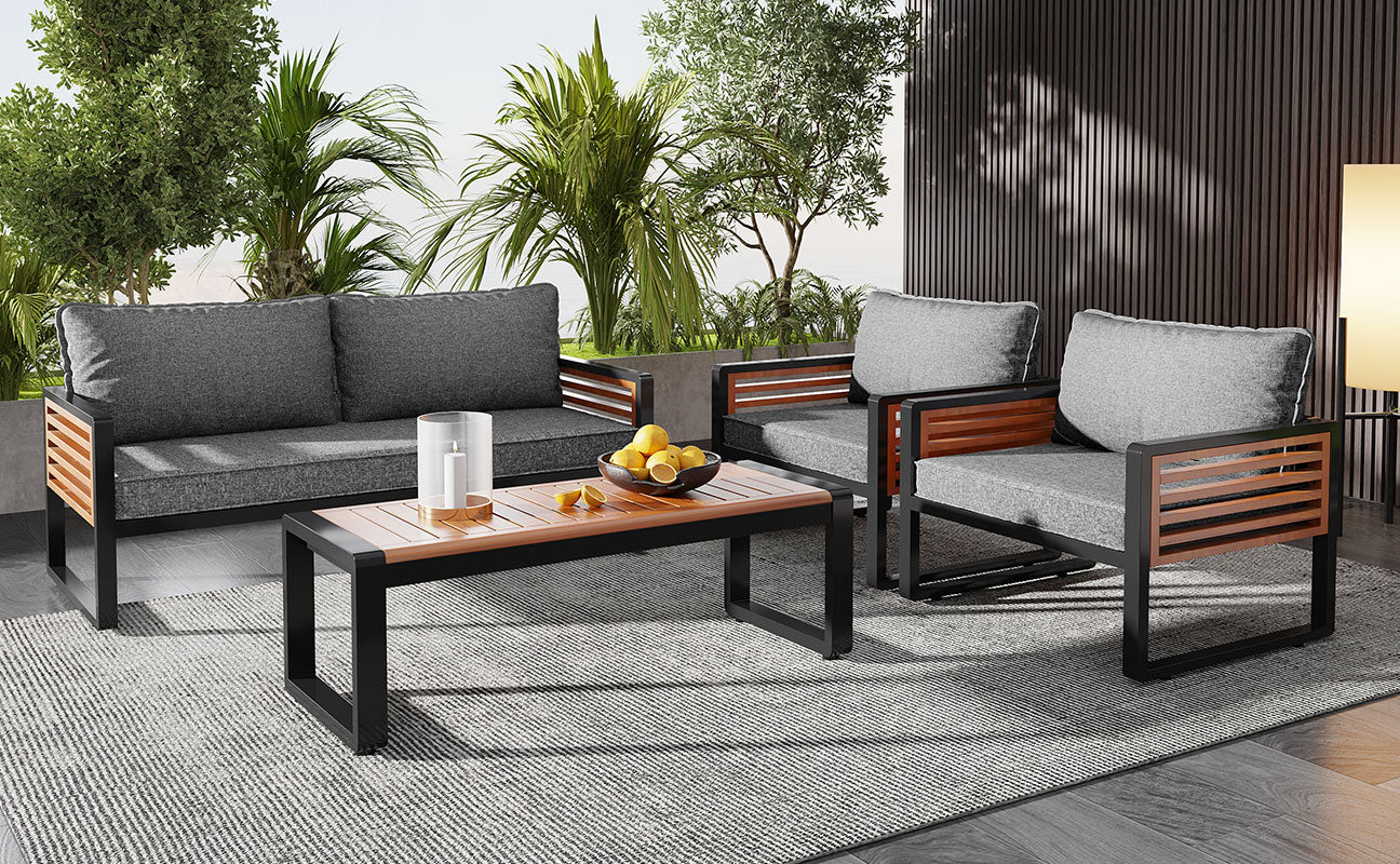 Garden Lounge Set 4-Piece Dining Set Galvanized Iron Frame Decorative Wooden Armrests Grey