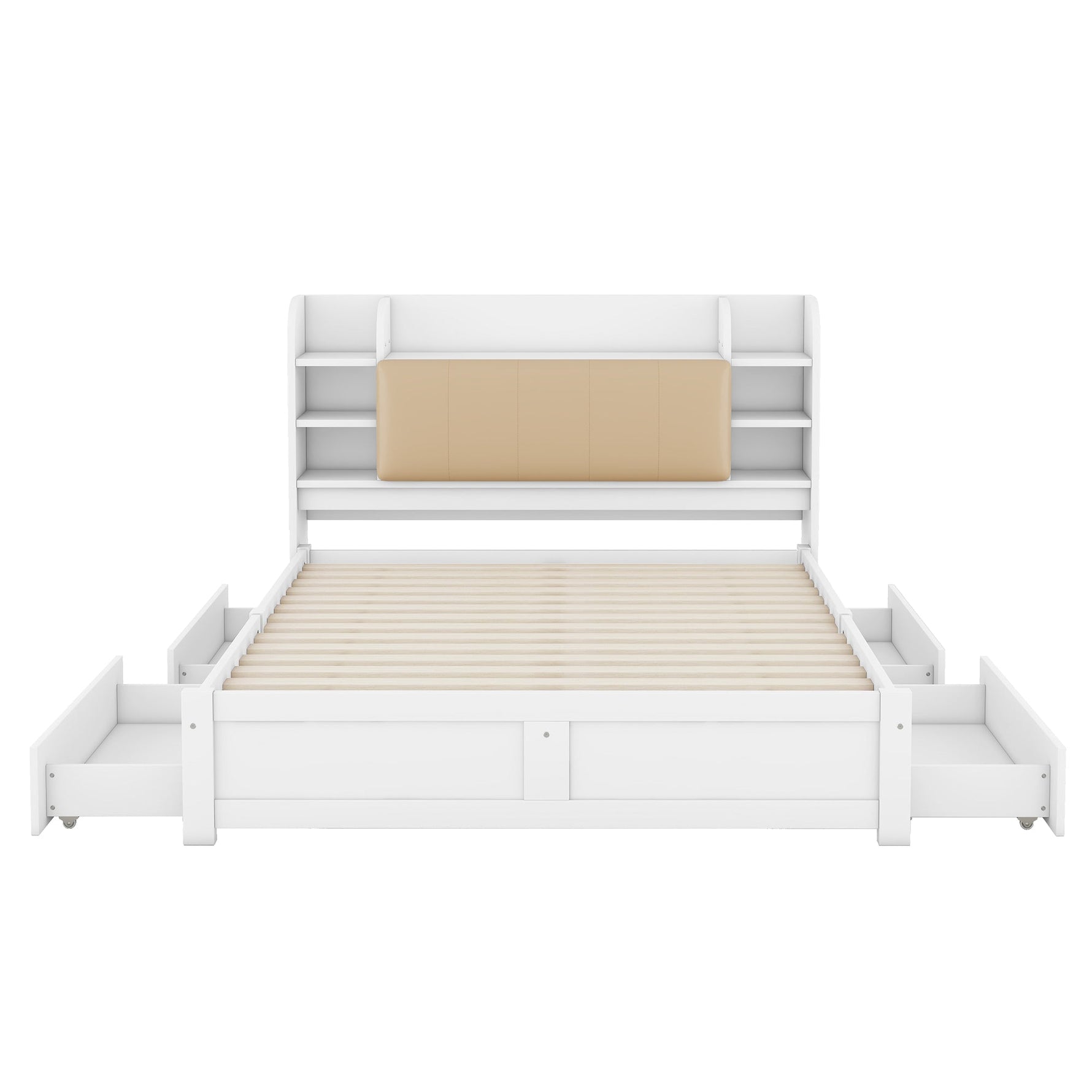 Flat Bed 160x200cm Fold-Down Headboard 4 Drawers Storage - White