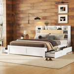 Flat Bed 160x200cm Fold-Down Headboard 4 Drawers Storage - White