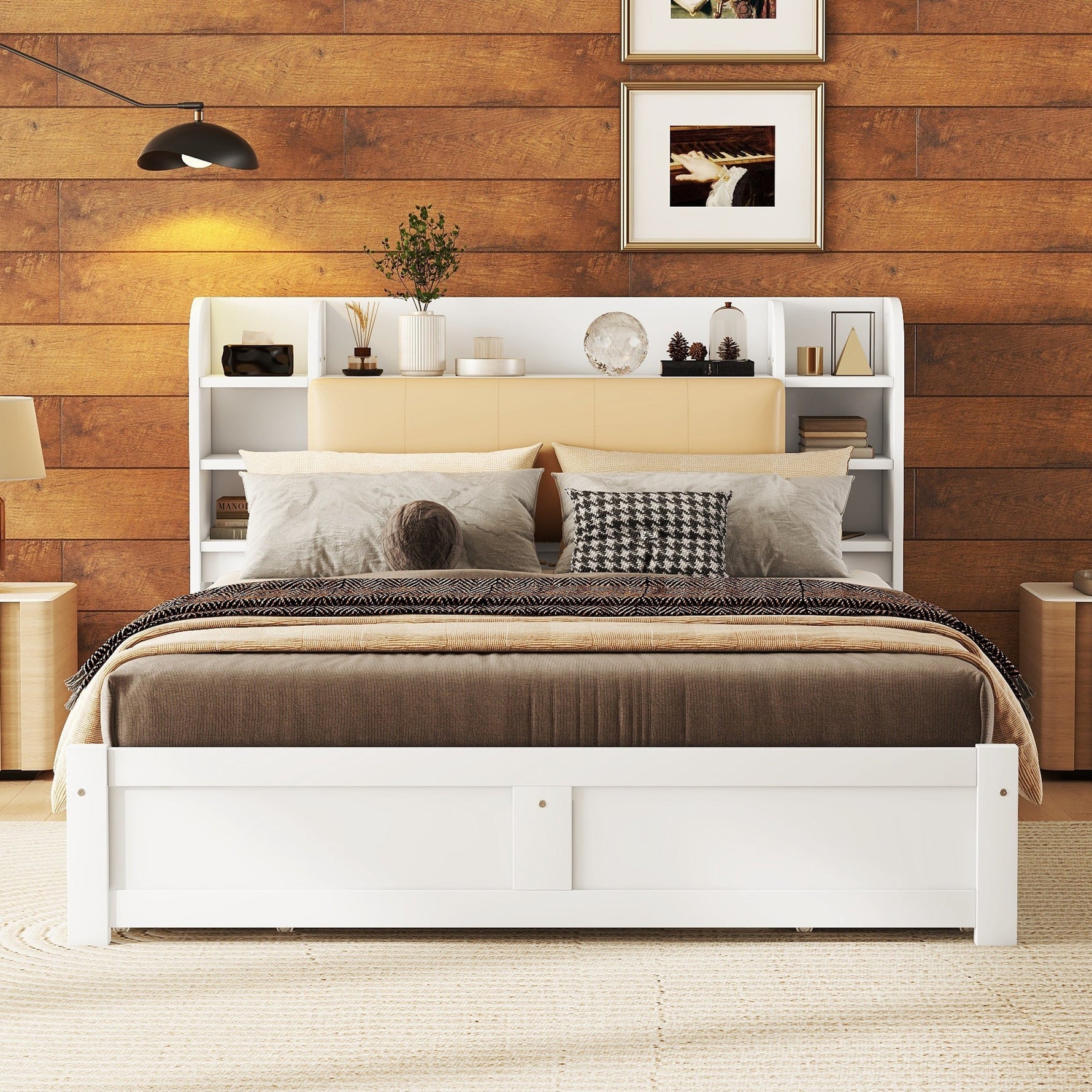Flat Bed 160x200cm Fold-Down Headboard 4 Drawers Storage - White
