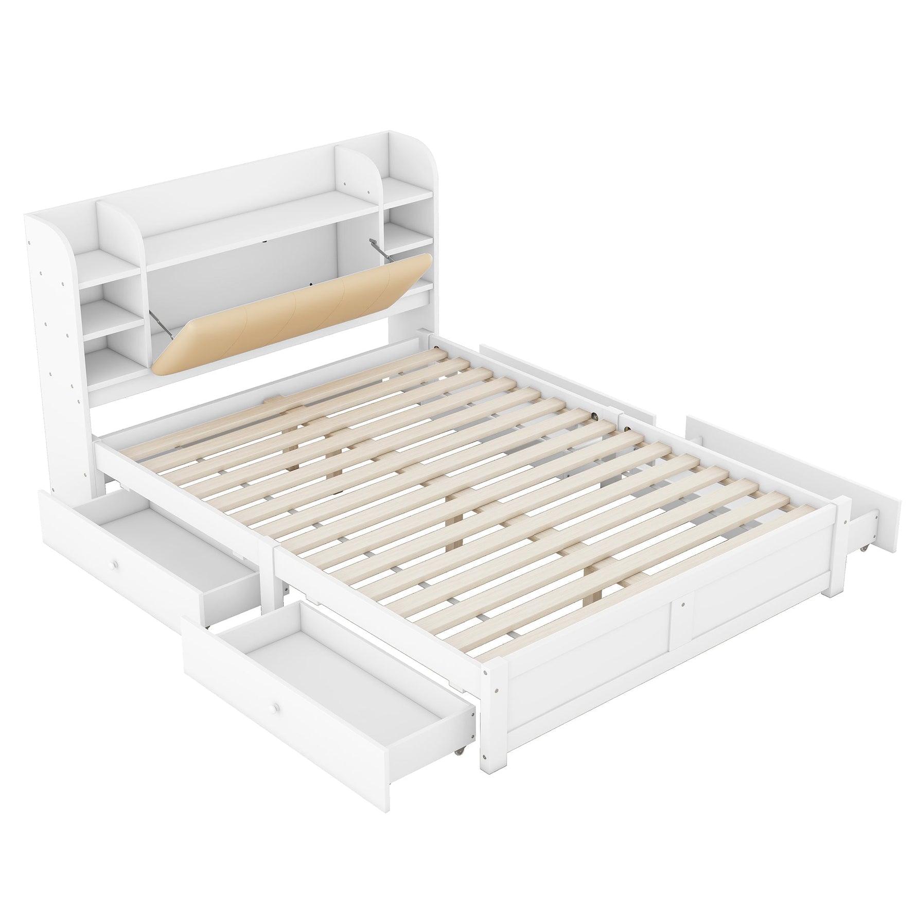 Flat Bed 160x200cm Fold-Down Headboard 4 Drawers Storage - White