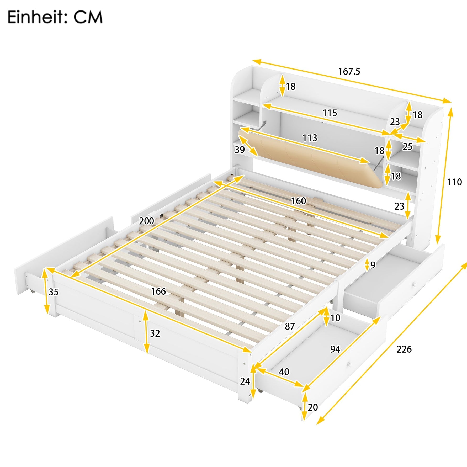 Flat Bed 160x200cm Fold-Down Headboard 4 Drawers Storage - White