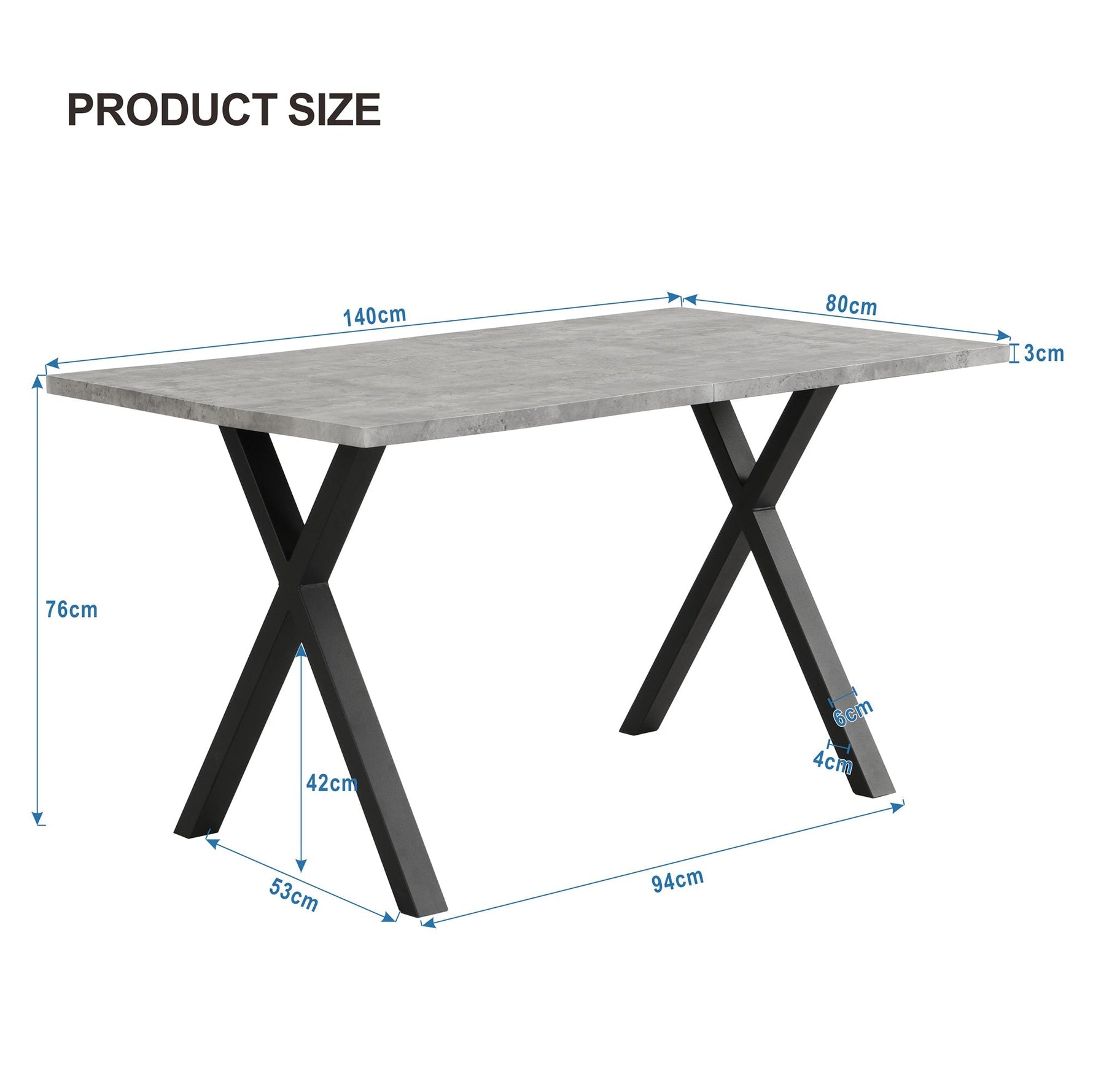 Dining Table Rectangular 140x80cm Crossed Legs Wrought Iron - Concrete Look/Black