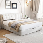 Binaural LED Upholstered Bed with Hydraulic Storage, USB Port and Adjustable Headboard, 180x200cm, White PU Pebble