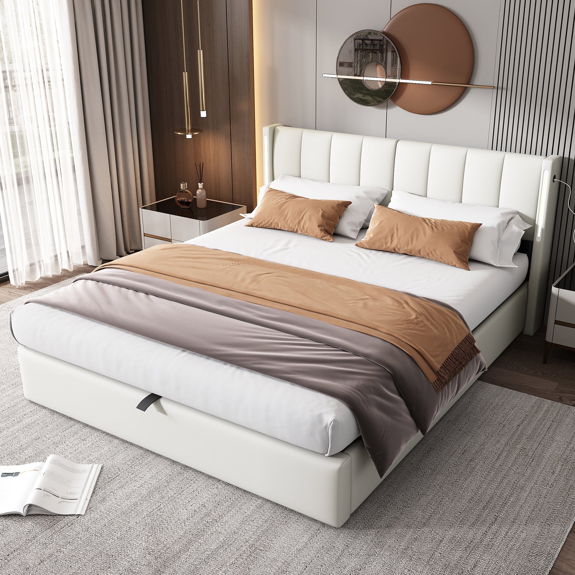 Binaural LED Upholstered Bed with Hydraulic Storage, USB Port and Adjustable Headboard, 180x200cm, White PU Pebble