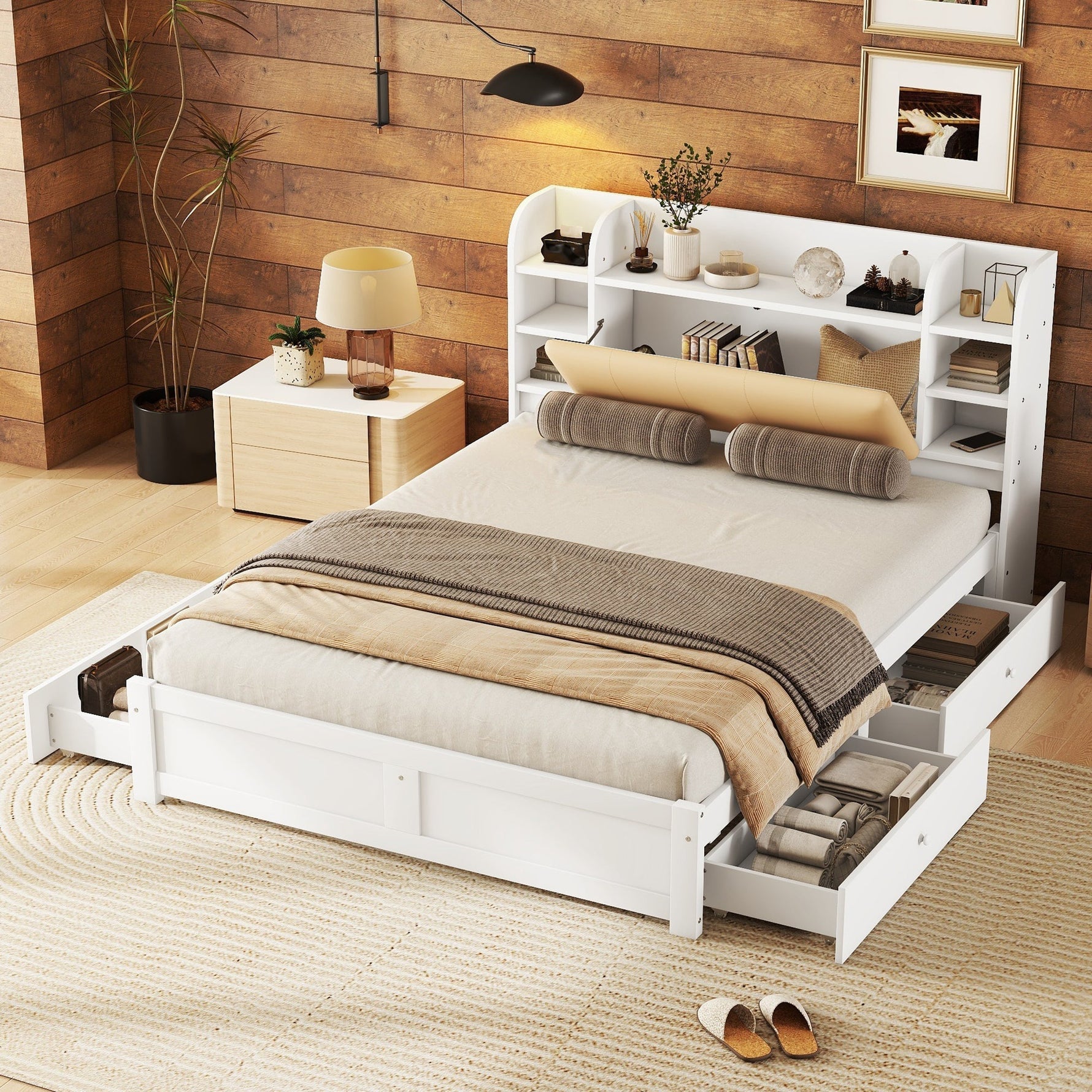 Flat Bed 160x200cm Fold-Down Headboard 4 Drawers Storage - White