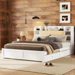 Flat Bed 160x200cm Fold-Down Headboard 4 Drawers Storage - White