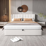 Binaural LED Upholstered Bed with Hydraulic Storage, USB Port and Adjustable Headboard, 180x200cm, White PU Pebble