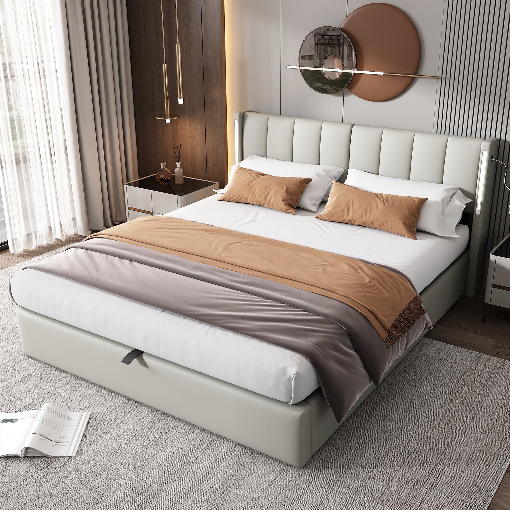 Upholstered Bed 160x200cm Hydraulic Storage LED USB Adjustable Headboard - Grey PU