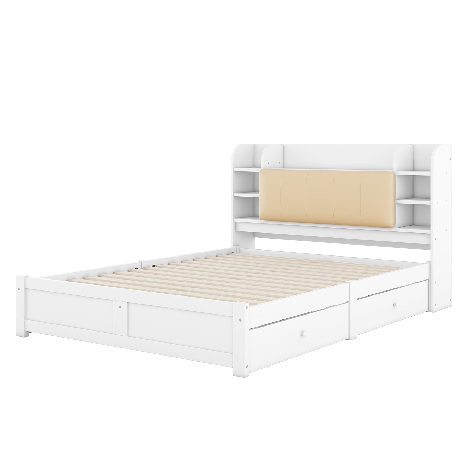 Flat Bed 160x200cm Fold-Down Headboard 4 Drawers Storage - White