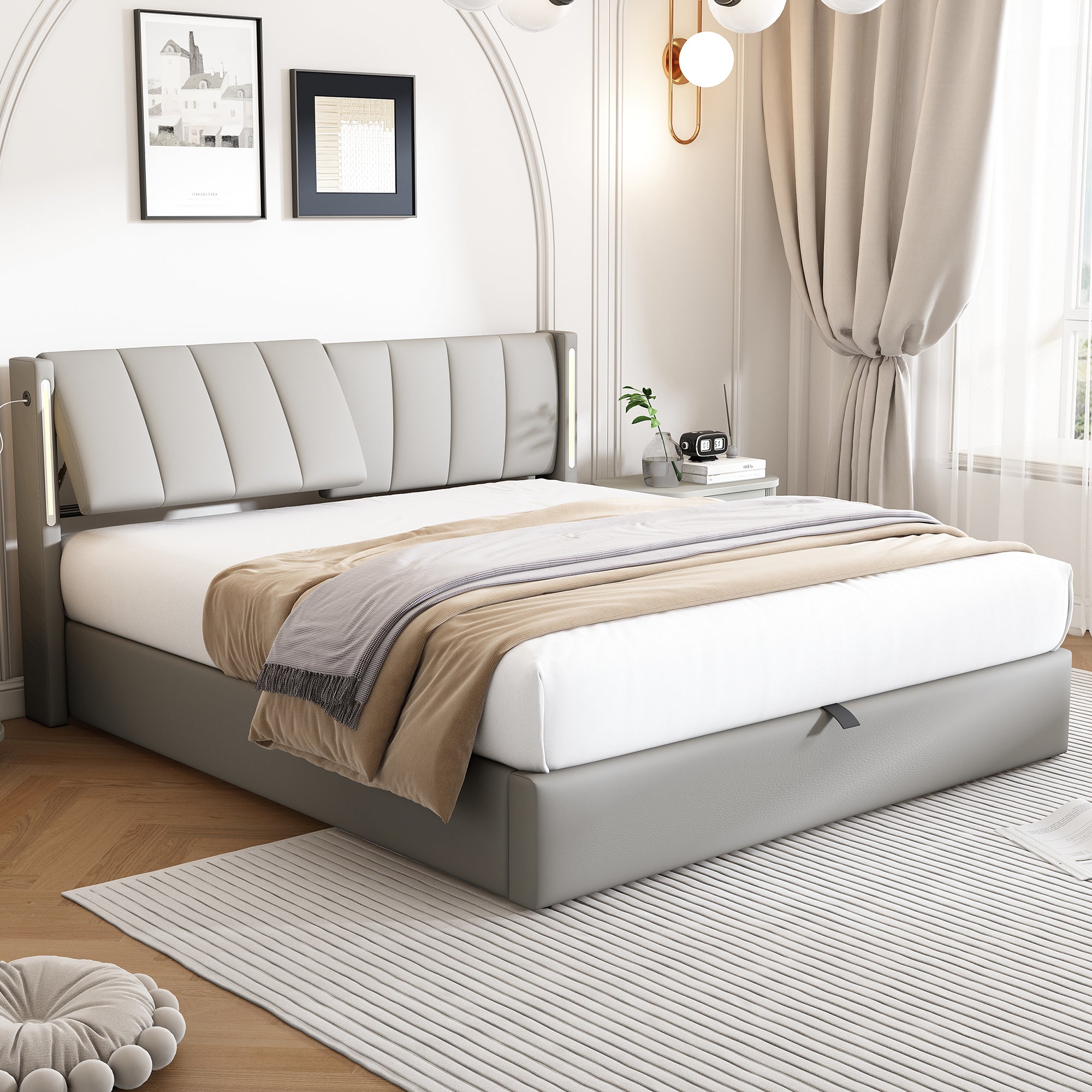 Upholstered Bed 140x200cm Hydraulic Storage LED USB Adjustable Headboard PU Grey