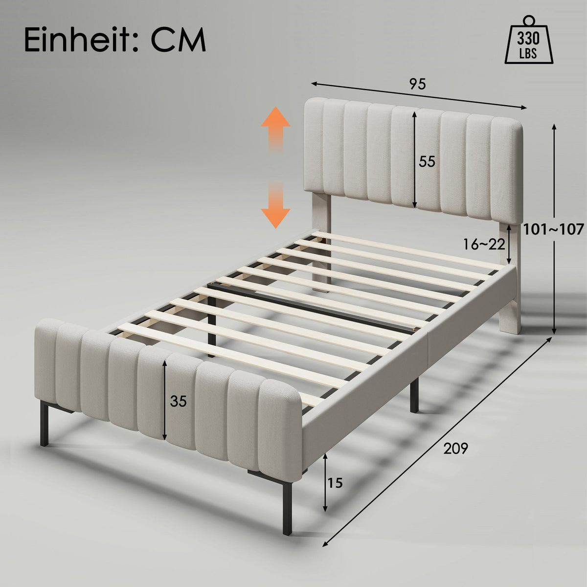 Upholstered Single Bed, 90x200cm Adjustable Headboard, Grey-Beige Linen
