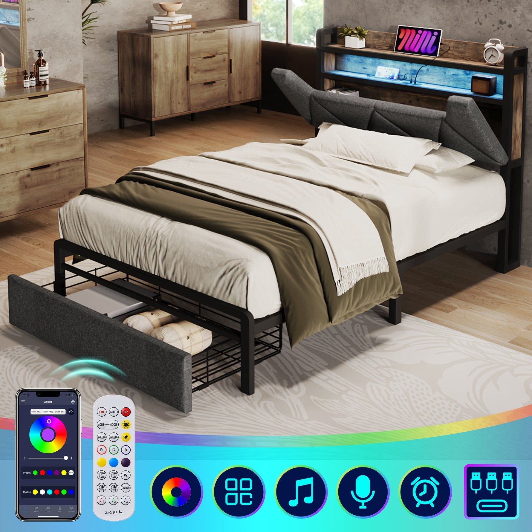 Upholstered Bed Single 90x200cm, Storage Headboard, LED, USB-C, Metal Frame, Grey