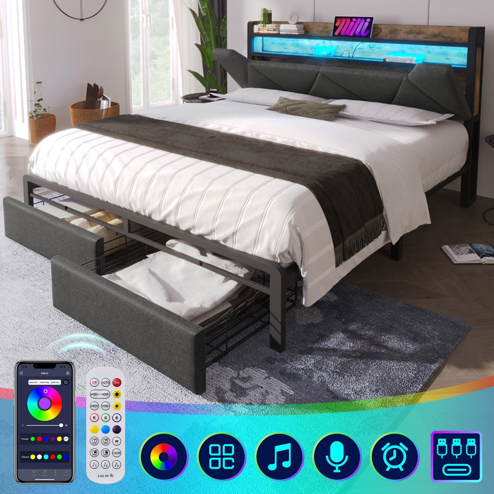 Upholstered Bed, USB-C, Storage Headboard, LED, Drawers, 140x200cm, Metal Frame, Gray