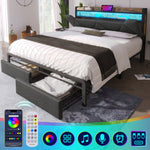 Upholstered Bed, USB-C, Storage Headboard, LED, Drawers, 140x200cm, Metal Frame, Gray