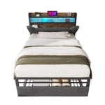 Upholstered Bed Single 90x200cm, Storage Headboard, LED, USB-C, Metal Frame, Grey