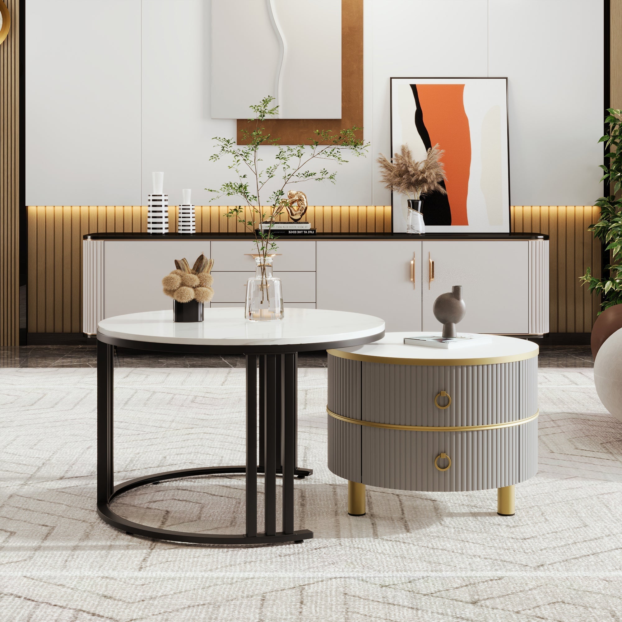 Coffee Table, 2-in-1 Round MDF with 2 Drawers, White Marble & Glossy Top
