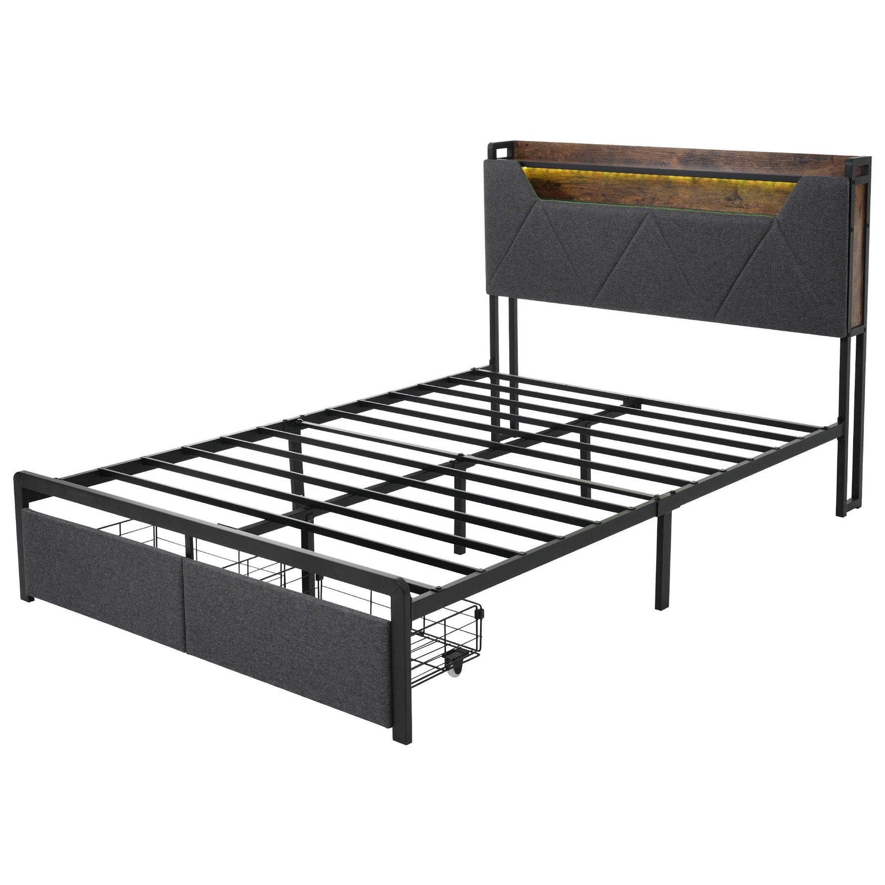 Upholstered Bed, USB-C, Storage Headboard, LED, Drawers, 140x200cm, Metal Frame, Gray